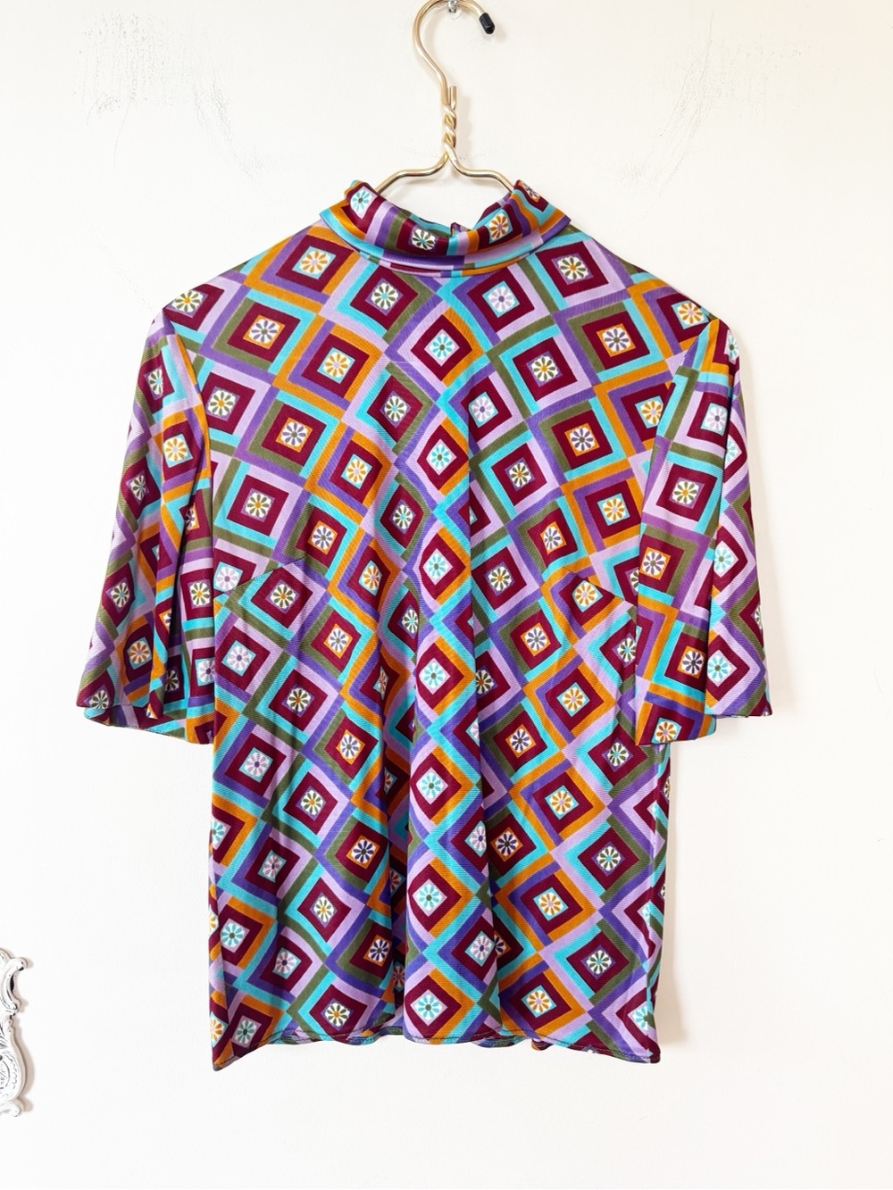 Handmade Vintage 70s Retro Geo Daisy Mock neck Top M - Picture 1 of 7
